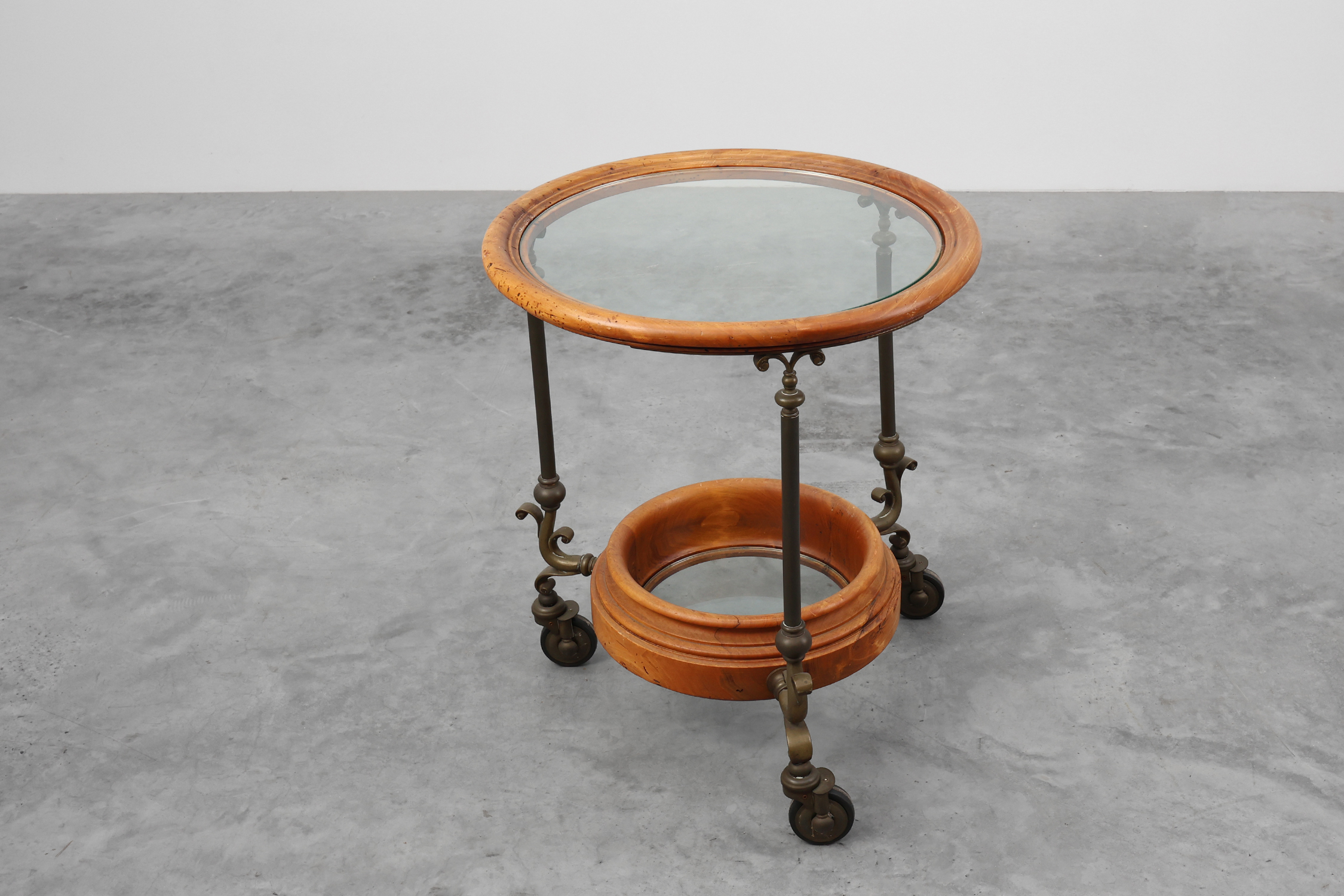 Rustic Copper and Walnut Serving Trolley with Glass Top, France ca. 1900thumbnail